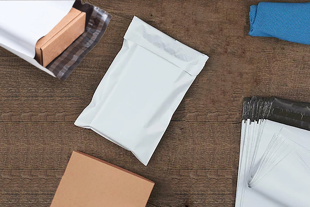 Tamper Proof Plastic Courier Bag/Polybag with Pod for Packing - 51 Microns Ecommerce Packaging, Envelopes, Pouches & Covers - Tear-resistant Stretchable Assured Sending,4.5 x 9 Inch, (W X H) White and Black, Pack of 100-ME-383