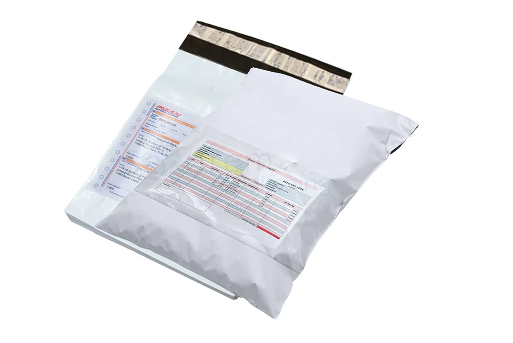 Tamper Proof Plastic Courier Bag/Polybag with Pod for Packing - 51 Microns Ecommerce Packaging, Envelopes, Pouches & Covers - Tear-resistant Stretchable Assured Sending,8 x 12 Inch, (W X H) White and Black, Pack of 100-ME-387