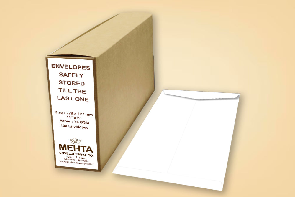 White 75 GSM Plain Envelope  Size : 279 x 127 mm (11 x 5 Inches) Pack of 100 ME-433